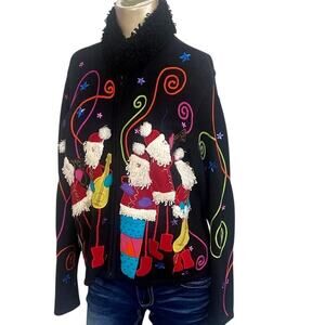 Vintage Christina Rotelli Medium Zip Santa Holiday Sweater Beaded Christmas 90s